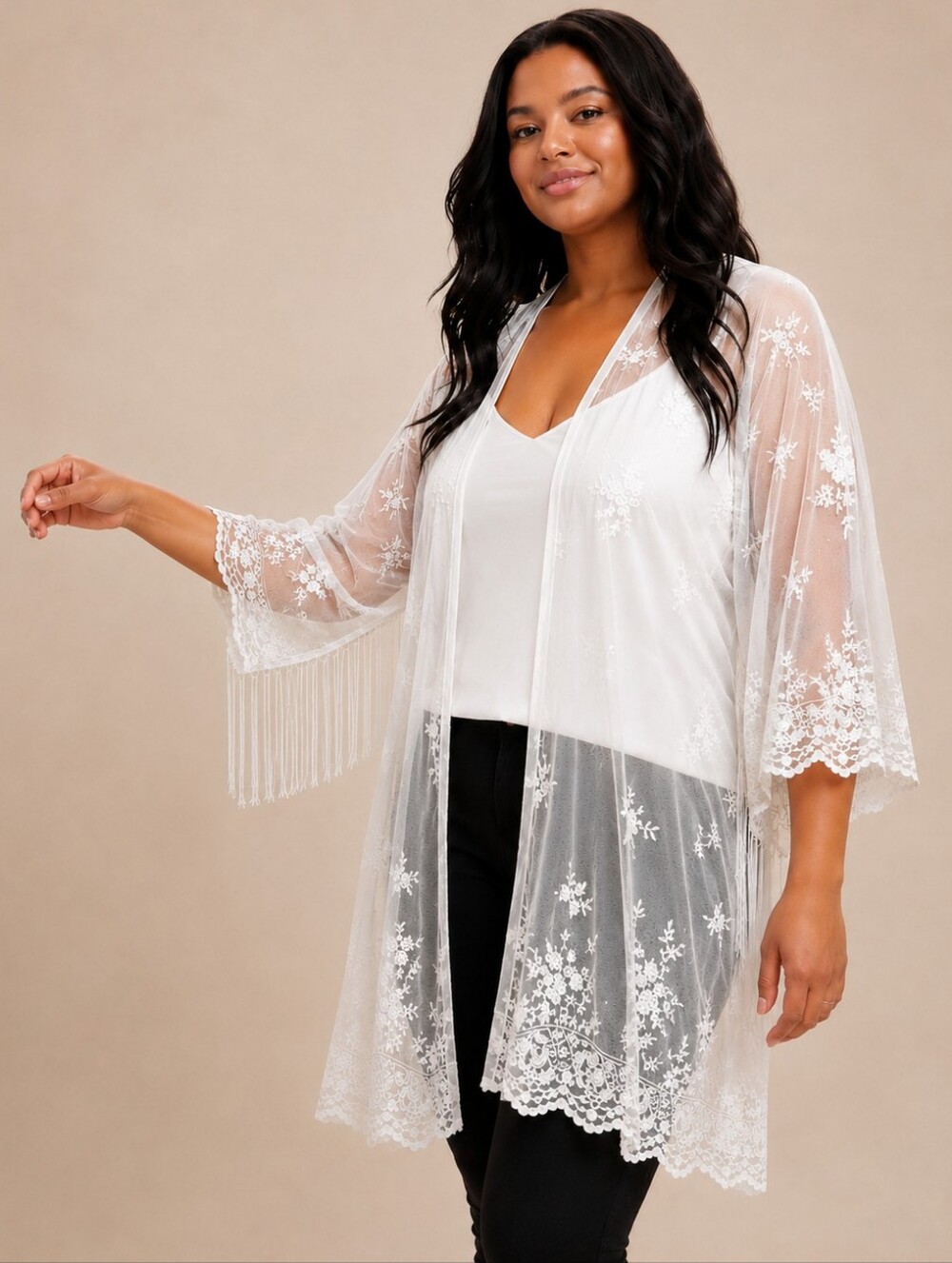 Torrid White Embroidered Lace Mesh Fringe Boho Kimono Cardigan Plus Size 0/00